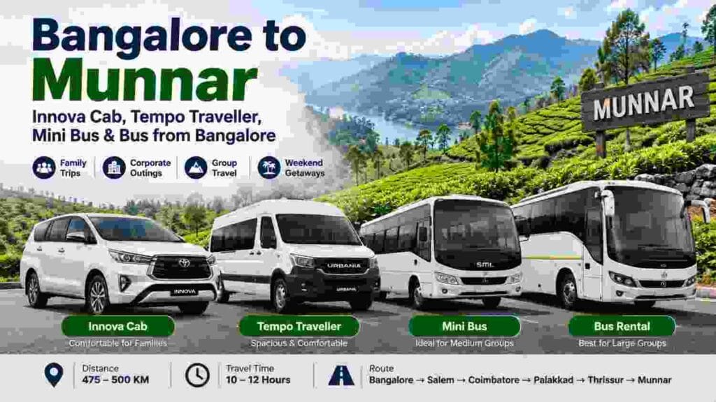 Bangalore to Munnar – Innova Cab, Tempo Traveller, Mini Bus & Bus from Bangalore